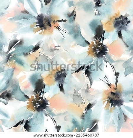 Autumn flowers seamless pattern with abstract floral background elements in pastel tones blue and orange Royalty-Free Stock Photo #2255460787