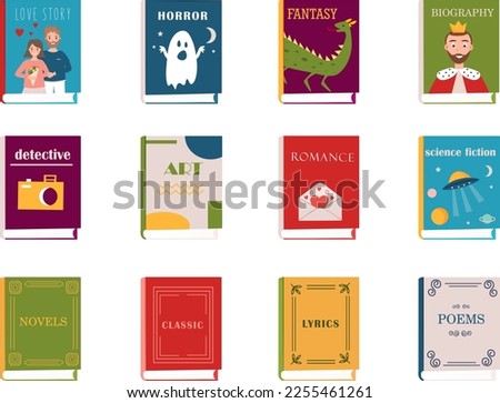 Genre of books. Books covers, front view. Biography, adventure, novel, poem, fantasy, horror, love story, detective, art, romance, lyrics. Vector illustration for library, book store, shop.