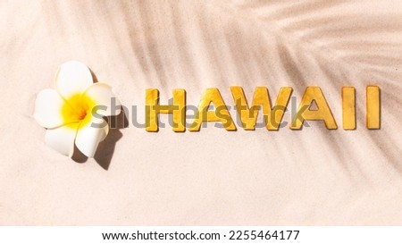 Hawaii - Plumeria flower and inscription by golden letters on white sand