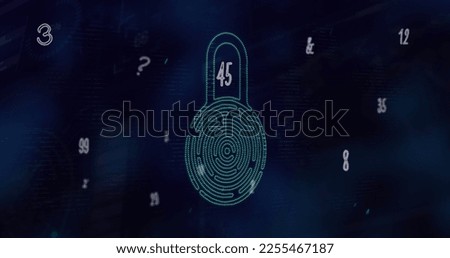 Composition of padlock icon with numbers and letters on black background. Global technology and data processing concept digitally generated image.