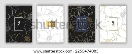 Floral invitation cards. Beautiful golden, silver linear dahlia flowers on the black and white background. Elegant botanical illustration EPS 10 vector poster design template set. Clipping masks.