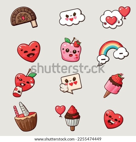 Valentine's day quotes elements set. Gift, heart, balloon, kiss, key, rose, candy, and others for decorative. Sticker cartoon style. Vector illustration