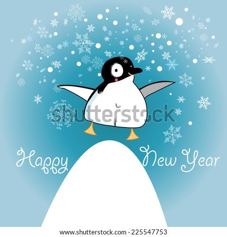 Bright Christmas card with a penguin on a blue background with snowflakes  