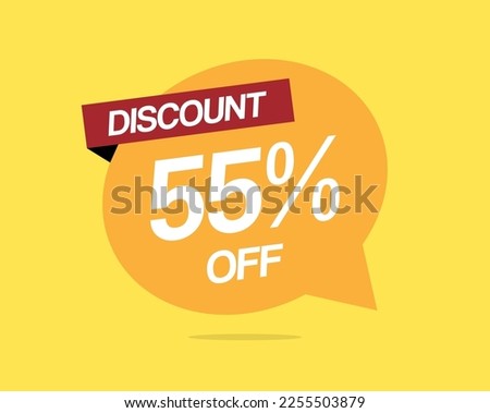 55% off label discount. Promotional banner, sale vector. Special offer tag. Orange balloon isolated on yellow background