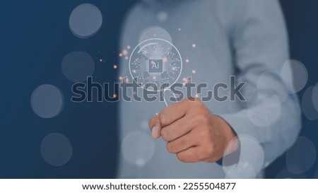 Hand's man holding magnifying glass AI search engine for data and connection  internet  global for analysis, information  cyberspace, discovery, find job.