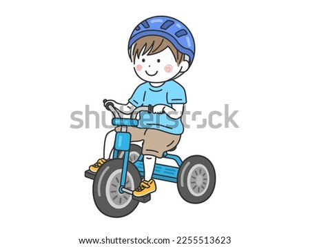 Illustration of a boy wearing a helmet and riding a tricycle.