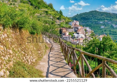 A scenic public footpath near the village of Scala, along the beautiful Valle delle Ferriere hiking trail, which connects the towns of Ravello and Amalfi, Italy. Royalty-Free Stock Photo #2255521129