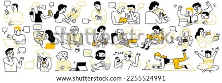 Cute character doodle illustration of various people at many ages, using digital gadget in multi purpose, calling, messaging, learning online, social media, etc. Outline, thin line art, hand drawn.