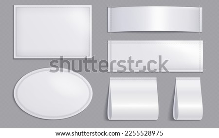 Blank clothes tags, fashion labels with seams. Empty white fabric badges for shirts, dresses and apparel with stitches isolated on transparent background, vector realistic set Royalty-Free Stock Photo #2255528975