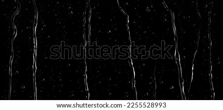 Realistic water drops and streams on black background. Vector illustration of condensation drops, rain droplets, shower flows on glass surface. Abstract wet texture. Scattered or sprayed aqua blobs Royalty-Free Stock Photo #2255528993