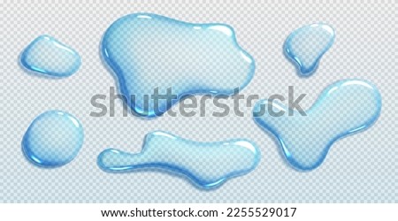 Liquid spills, water drops and puddles isolated on transparent background. Clear droplets of pure aqua, blue cosmetic serum or gel in top view, vector realistic set