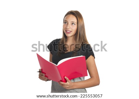 young attractive student girl holding colorful exercise books