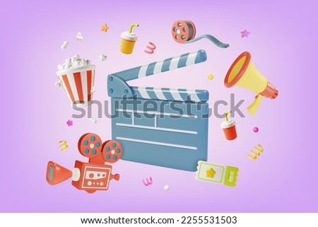 3d Cinema Movie Concept Video Shooting Clapboard and Camera with Elements Around Plasticine Cartoon Style. Vector illustration Royalty-Free Stock Photo #2255531503