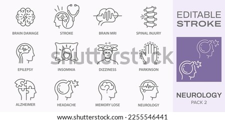Neurology icons, such as alzheimer, parkinson, insomnia, brain mri and more. Editable stroke. Royalty-Free Stock Photo #2255546441