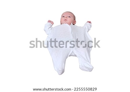 Baby in clothes is larger in oversize, clothes for growth, isolated on a white background. Kid aged two months