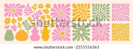 Matisse curves aestethic. Groovy abstract flower art set. Organic floral doodle shapes in trendy naive retro hippie 60s 70s style. Botanic vector illustration in pink, yellow, green colors.