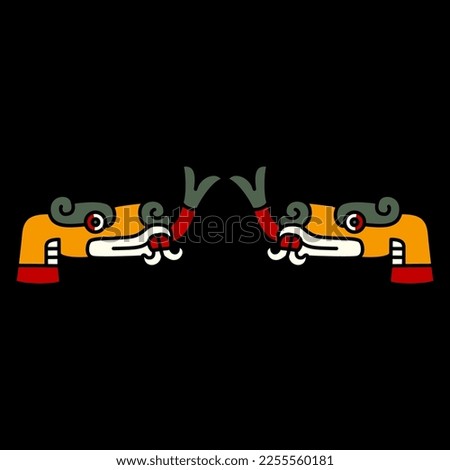 Symmetrical ethnic animal design with two stylized heads of snake or dragon with forked tongue. Native American art of Aztec Indians from Mexican codex. On black background.