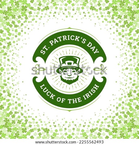 St Patrick's Day luck of Irish leprechaun greeting social media post template vintage vector illustration. Celtic happy holiday bright ray troll gnome circle ribbon fortune clover shamrock internet ad