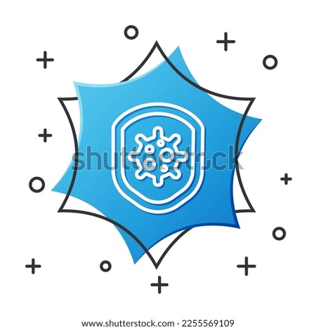 White line Shield protecting from virus, germs and bacteria icon isolated on white background. Immune system concept. Corona virus 2019-nCoV. Blue hexagon button. Vector
