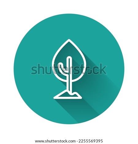 White line Tree icon isolated with long shadow. Forest symbol. Green circle button. Vector