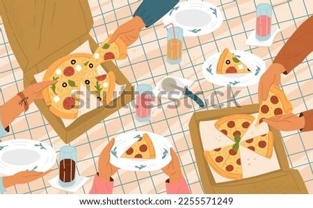 Friends eating pizza at restaurant vector scene