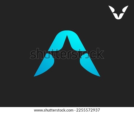 Simple letter A or V logo design template with gradient blue color on black background