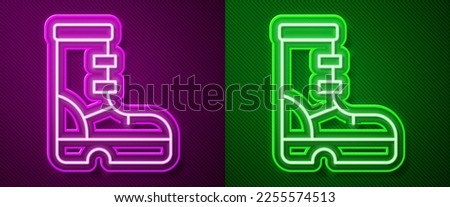 Glowing neon line Waterproof rubber boot icon isolated on purple and green background. Gumboots for rainy weather, fishing, gardening.  Vector
