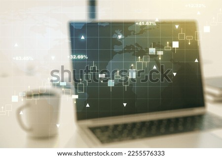 Multi exposure of abstract financial graph with world map on modern computer background, financial and trading concept