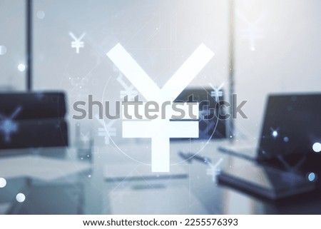 Creative concept of Japanese Yen symbol illustration and modern desktop with computer on background. Trading and currency concept. Multiexposure
