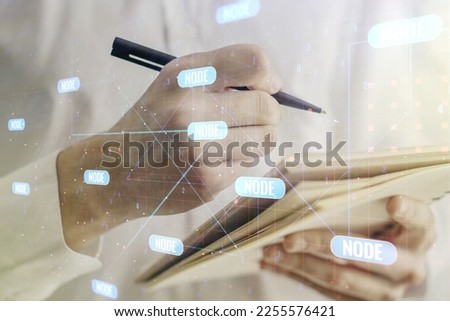 Abstract creative coding concept with man hand writing in notebook on background. Multiexposure