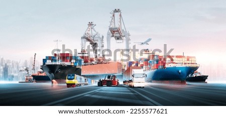 Global business logistics transport import export and International trade concept, Logistic distribution of containers cargo freight ship, train, truck, airplane, Transportation industry background Royalty-Free Stock Photo #2255577621
