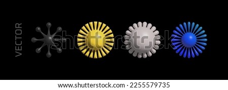Set of abstract 3d figures of the sun. Volumetric forms of stars, flowers and snowflakes in the style of brutalism Royalty-Free Stock Photo #2255579735