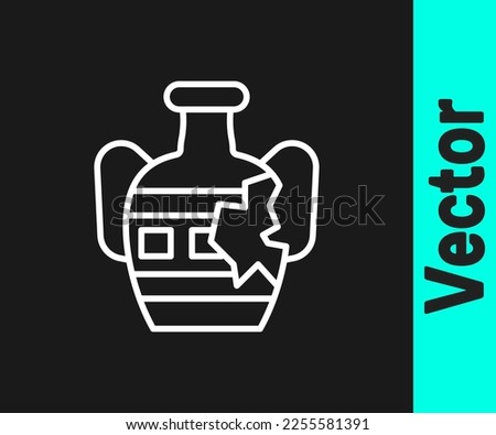 White line Broken ancient amphorae icon isolated on black background.  Vector