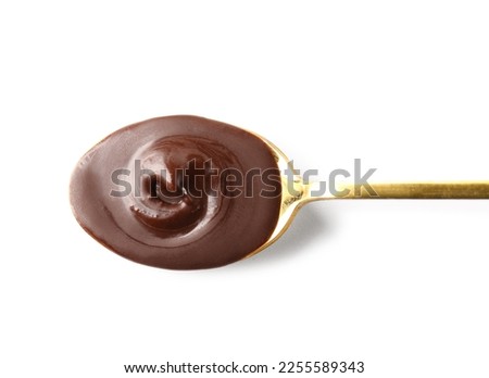 Spoon of delicious chocolate pudding isolated on white background Royalty-Free Stock Photo #2255589343