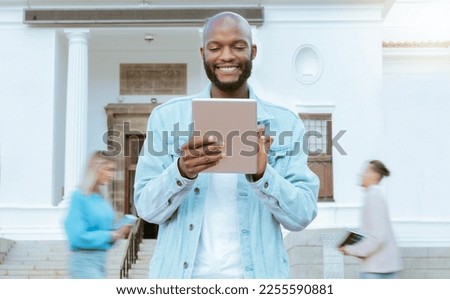 Black man, university student and tablet at outdoor campus with smile, learning and opportunity for education. Young african guy, mobile touchscreen tech and happy at college with social media app