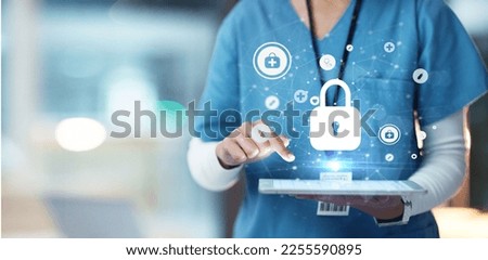 Medical cybersecurity, tablet and hands of doctor, surgeon or nurse with virtual hologram for database lock. Mockup hospital, life insurance and woman with digital archive biometric for info safety Royalty-Free Stock Photo #2255590895