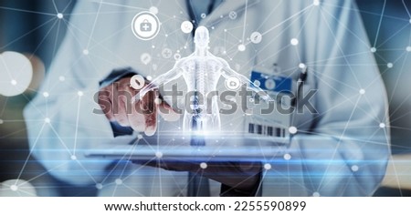 Tablet, hands or doctor with human body hologram for futuristic research, 3d ai analysis or hospital innovation. Life insurance, medical or man with virtual holographic anatomy for digital healthcare Royalty-Free Stock Photo #2255590899