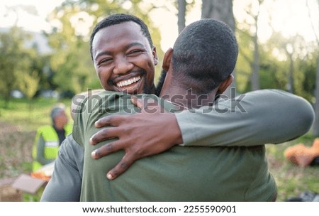 Hug, nature volunteer and community celebrate cleaning garbage pollution, waste product or environment support. Eco friendly collaboration, NGO charity or African team help with park plastic clean up Royalty-Free Stock Photo #2255590901