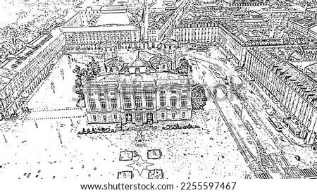 Turin, Italy. Flight over the city. Historical center, top view. Palazzo Madama. Doodle sketch style. Aerial view