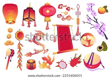 Chinese culture symbols set graphic elements in flat design. Bundle of red sky lanterns, coins, dragon, candles, dragonfruit, sakura branch, persimmon, and other. Vector illustration isolated objects