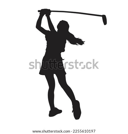 black silhouette girl playing golf in position vector illustration