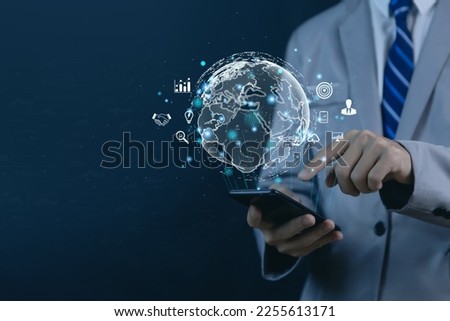 Businessman hand showing icons around the world Big Data Digital Link Technology online internet connection application Marketing Business Ideas Finance and Banking global Achievement Royalty-Free Stock Photo #2255613171