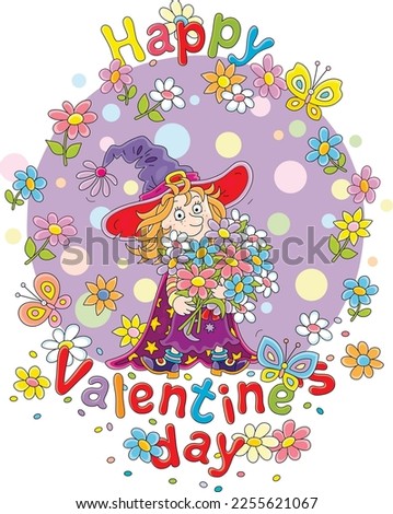 Happy Valentines Day card with a funny little witch holding a beautiful bouquet of colorful flowers and merry butterflies flying around, vector cartoon illustration isolated on a white background