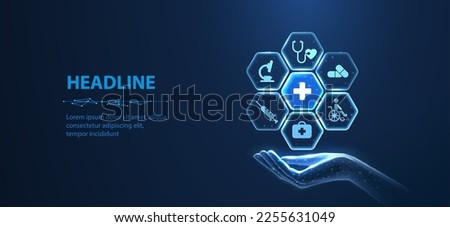Healthcare system. Medical icons inside hexagons around medical cross and holding hand. Health care plane, patient service digital technology, ai integrate, futuristic pharmacy, innovation, concept