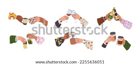 Cheers set, hands holding coffee cups, hot drinks, tea mugs, wine glasses, alcohol beverage in bottles. Friends, couples celebrating together. Flat vector illustrations isolated on white background Royalty-Free Stock Photo #2255636051