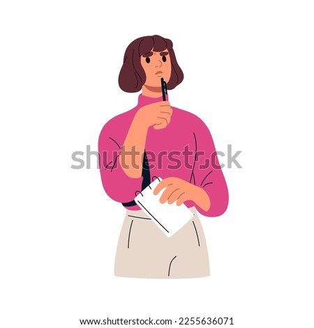 Pensive woman thinking about problems. Thoughtful person in thoughts, difficulty, troubled face expression. Puzzled girl pondering, doubting. Flat vector illustration isolated on white background Royalty-Free Stock Photo #2255636071