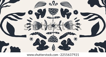 Hand drawn abstract birds and flowers pattern. Collage contemporary print. Fashionable template for design. Ethnic style.