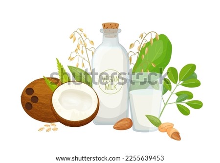 Bottle with a plant based milk. Oat, rice, coconut, soy, hemp. Vegetarian or vegan product. Alternative healthy dairy-products. Vector illustration isolated on transparent background in cartoon style