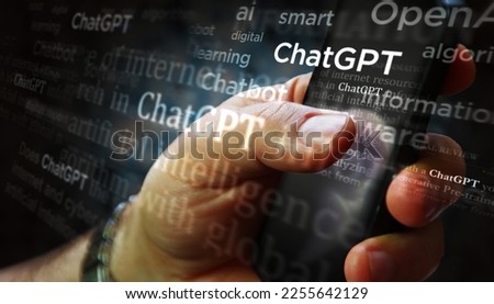 Poznan, Poland, January 25, 2023: ChatGPT  media on display with OpenAI, chat gpt ai bot. Searching on tablet, pad, phone or smartphone screen in hand. Abstract concept news titles 3d illustration. Royalty-Free Stock Photo #2255642129