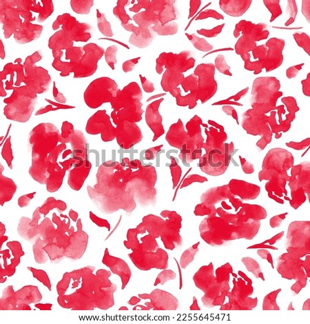 Seamless pattern with red roses. Watercolor flowers, leaves. Elegant  endless botanical print, wallpaper, background. Repeat fashion print for fabric, clothes.